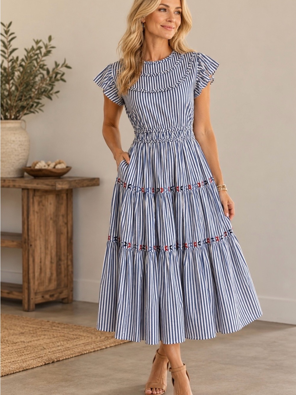 Blue and White Striped 100% Cotton Midi Dress with Smocked Waist with Pockets
